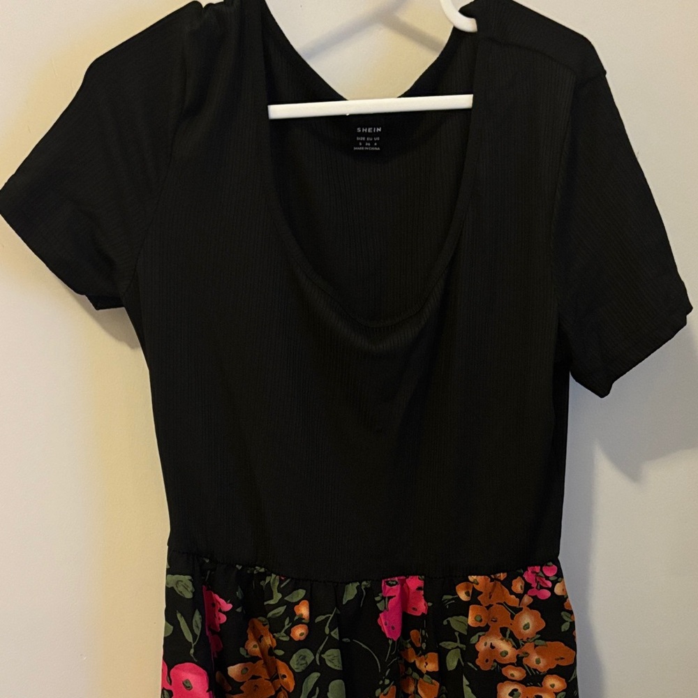 SHEIN Black Dress with Pink and Orange Floral Design